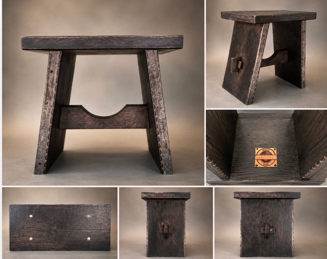 A small hand crafted dark stained oak bench with detail photos of industrial elements of two saw blades attached to the bench. 