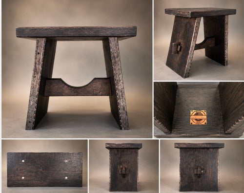 A small hand crafted dark stained oak bench with detail photos of industrial elements of two saw blades attached to the bench. 