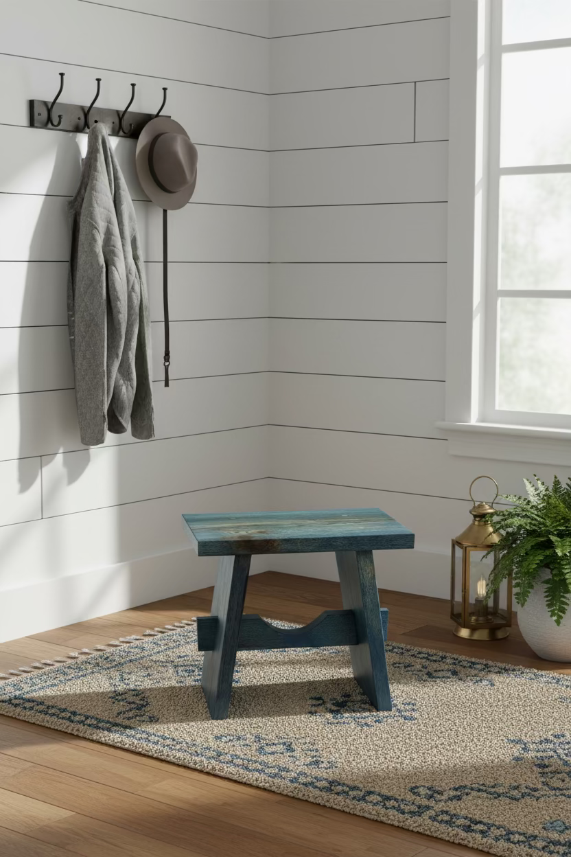 Small blue solid oak bench 