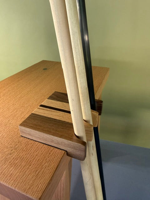 Hardwood, handcrafted pool cue claw that holds three pool cues, made by Scott Blackett