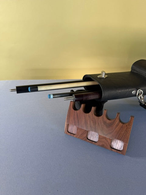 Walnut Pool Cue Holder where you place five pool sticks with three chalk holders. 